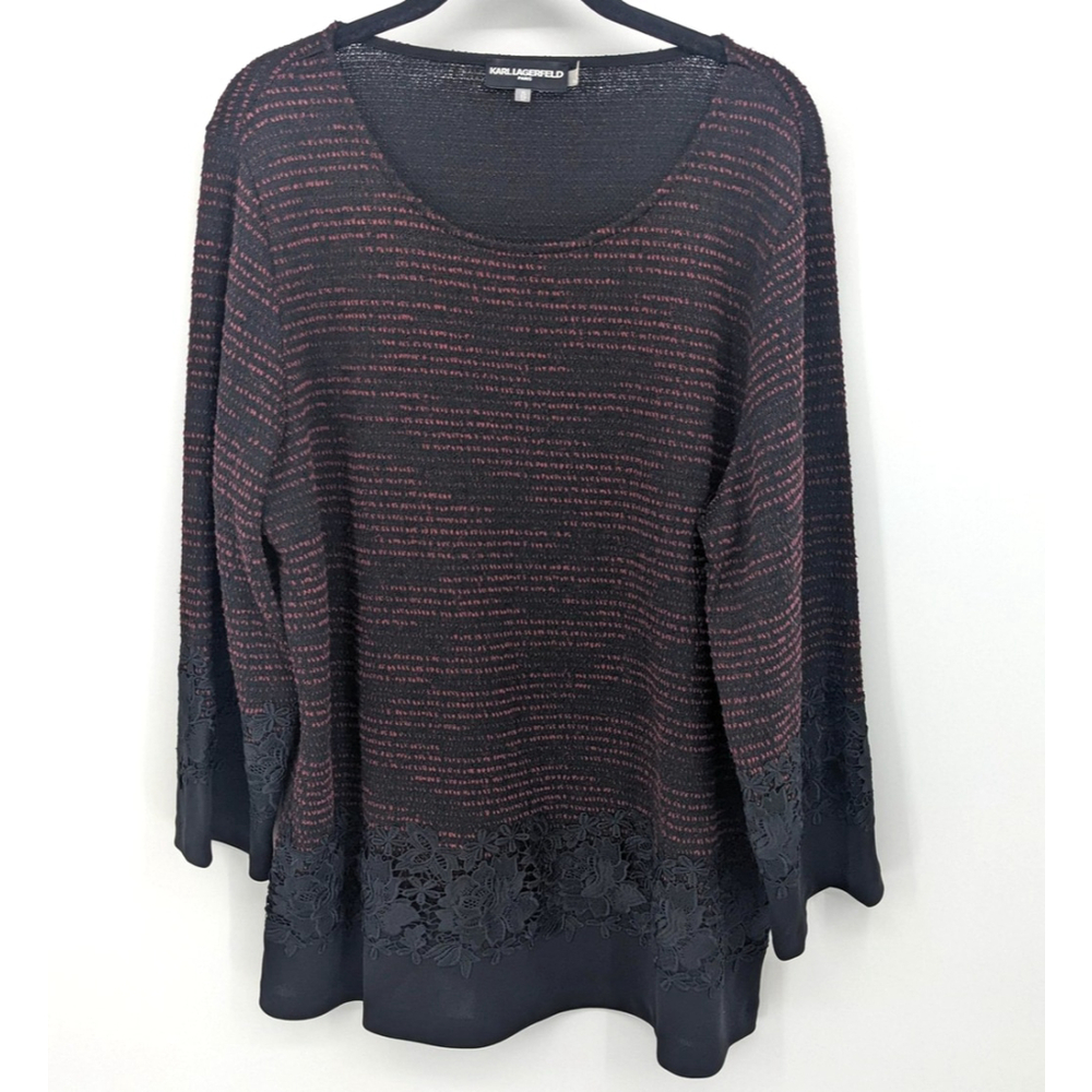 Karl Lagerfeld Sweater Women XL Black Lace Trim Pullover Tunic Top Office Career